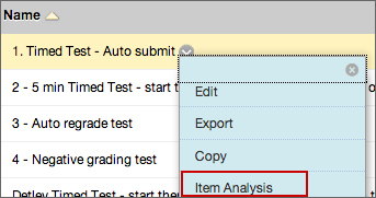 Quiz Item Analysis menu