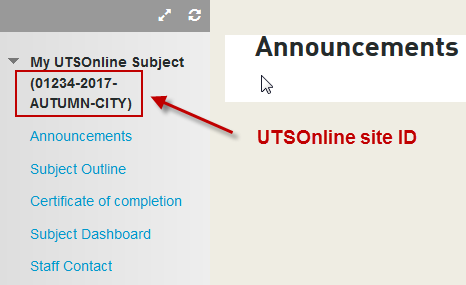 The UTSOnline site ID in the site menu