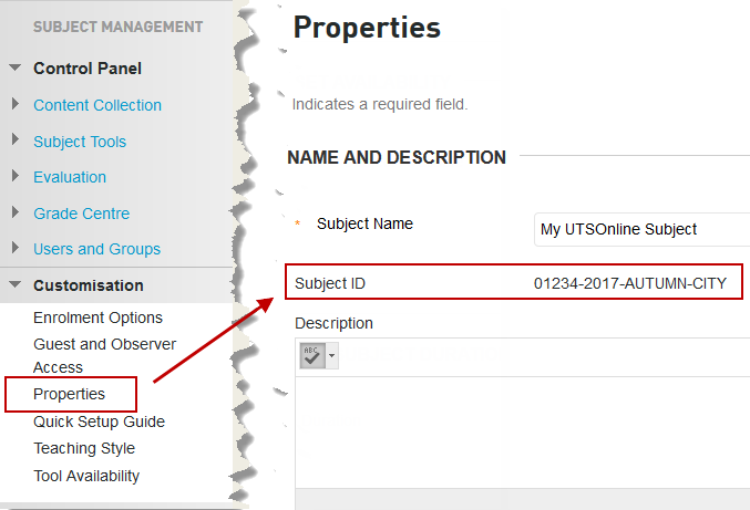 The UTSOnline site ID in the Properties page