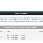 The Turnitin ‘Assignment Inbox’ panel as it displays in UTS Online (Blackboard). Listed in the panel are an assignment title and dates, followed by a link to ‘Submit’ the assignment. Other links are shown as unavailable, as the submission is not yet complete.