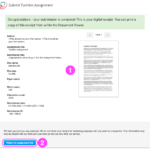 The Turnitin digital receipt as it displays in UTS Online (Blackboard) after a submission is complete. A green box congratulates you on completing your submission and says that you can print a copy of this receipt from within the Document Viewer. At the bottom is an link to Return to assignment list.