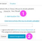 The File Upload page that displays when submitting a Canvas assignment. Shows options to choose a file to upload, add another additional file, or find a file you’ve already uploaded to Canvas. This is followed by a comments field, and links to Cancel or Submit Assignment.